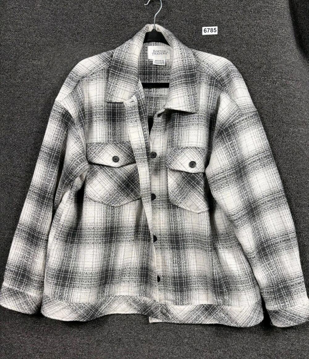 Boston Traders Jacket Womens XL Gray Black Plaid Shacket Button Front Casual